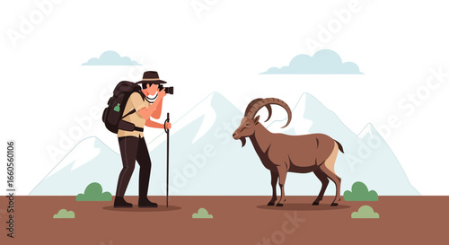 Adventurer Capturing Alpine Ibex Photo During His Mountain Journey Experience