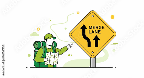 Adventurer Consults Map Near Merge Sign Planning Route Progression