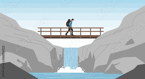 Adventurer Crossing Mountain Bridge Over Waterfall On Summer Outdoor Scenery