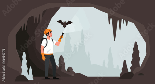 Adventurer explores dark cave with flashlight discovering bat flying overhead