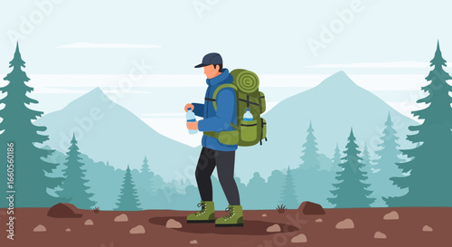 Adventurer Hiking in Mountains, Drinking Water, Surrounded by Trees and Natural Beauty