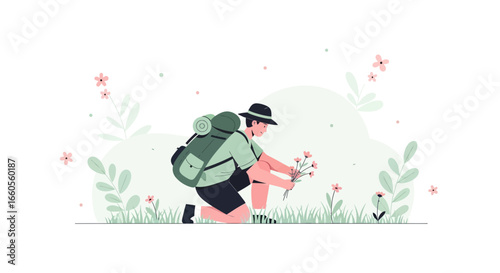 Adventurer Gathering Wildflowers On A Scenic Meadow Trek Amidst Blooming Nature