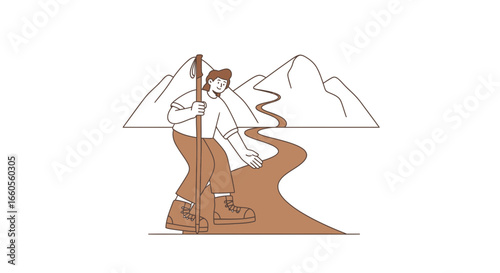 Adventurer Trekking On Mountain Trail With Hiking Pole And Mountains