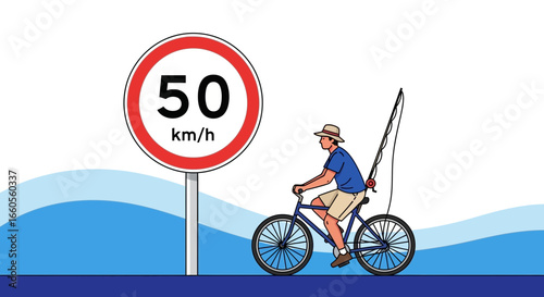 Adventures Of Fisherman On Bicycle Passing A Speed Limit Sign With Fishing Rod