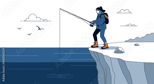Adventuresome Woman Fishes Tranquilly From a High Cliff in Minimalist Style