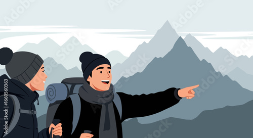 Adventurous Couple Exploring Majestic Mountains During Hiking Expedition Journey
