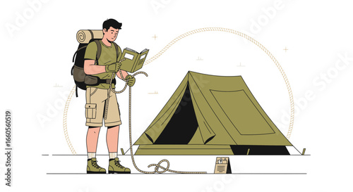 Adventurous Hiker Preparing His Tent in Wilderness for Weekend Outdoor Camping Trip