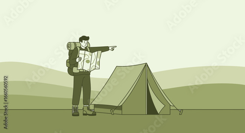 Adventurous Man With Backpack Navigating Wilderness Camping Trip Outdoors