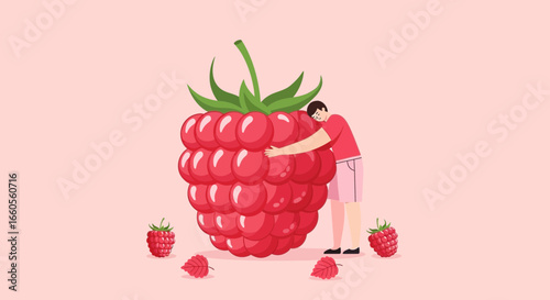 Affectionate Man Embracing a Gigantic Raspberry in a Sweet, Playful Scene