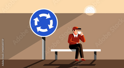 Afternoon Coffee Break Near Roundabout Sign A Moment Of Pause On The Road