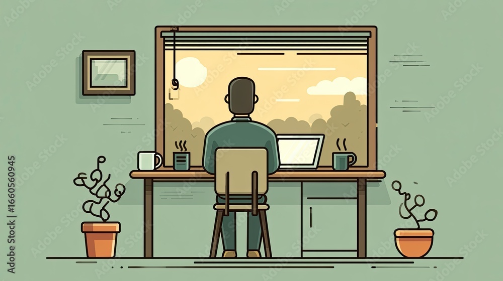 Obraz premium Person Working At Home Office Desk In Front Of A Laptop With Sunrise View Through Window Pixel Art Illustration
