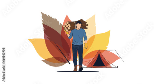 An illustration of a man carrying firewood near a tent with colorful leaves background illustration of camping theme minimal