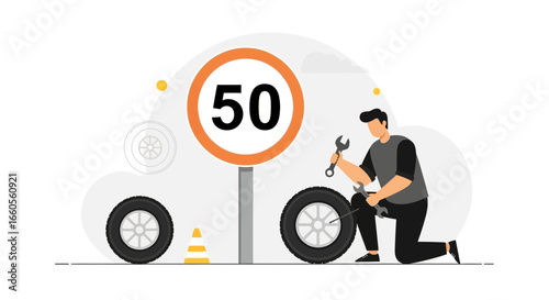 An illustration showcases a mechanic repairing a car tire near a speed limit sign indicating 50 with cone