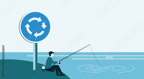 Angler Casting Next To A Recycling Sign Represents Environmental Sustainability
