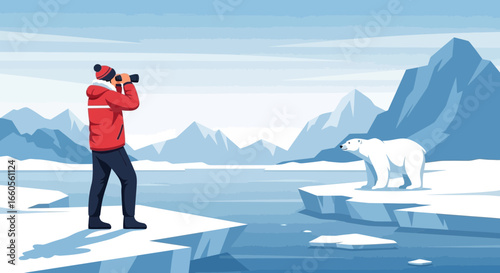 Arctic Explorer Witnessing Majestic Polar Bear in Icy Wilderness Landscape