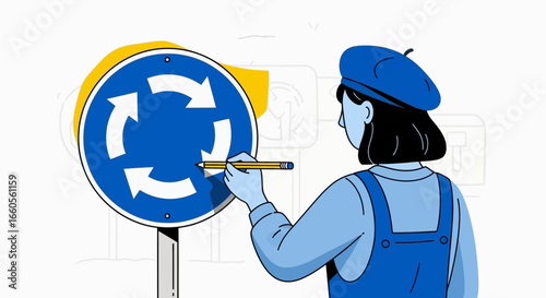 Artist Amending Roundabout Sign Depicts City Transformation And Circulation Concept