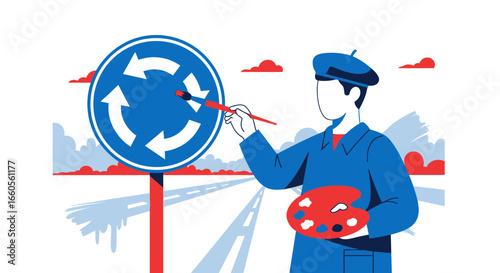 Artist Modifying A Roundabout Sign Depicting Creative Reinterpretation On The Road