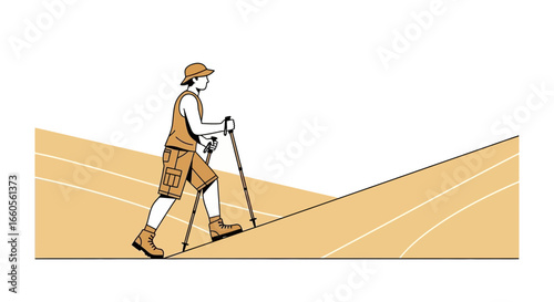 Ascending With Determination: Vector Illustration Of A Man Hiking Uphill