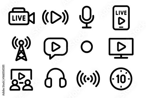 Set of 12 black icons about livestream and broadcasting, flat vector style on white background, ideal for apps, social media, and UI design.