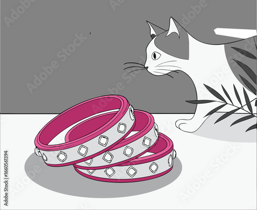 Cat looking at stack of pink bangles with diamond accents