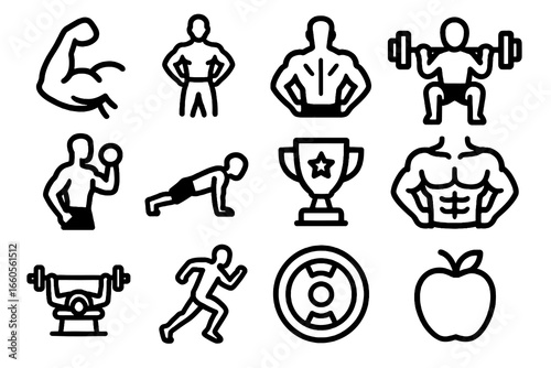 Set of 12 black bodybuilding and fitness icons in flat vector style with white background, perfect for health apps, gyms, and training projects.