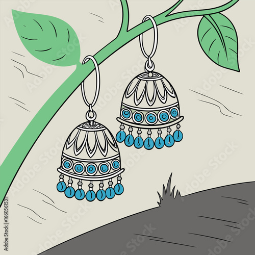Jhumka Earrings Hanging from a Branch with Blue Beads