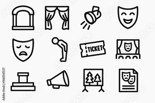 Set of 12 black theater and drama icons in flat vector style with white background, perfect for apps, cultural events, and creative UI kits.