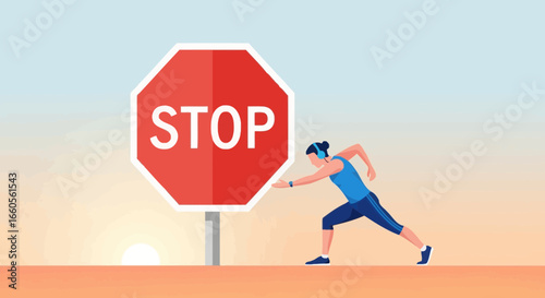 Athletic Woman Halting Near Stop Sign For Safety Amidst Outdoor Workout