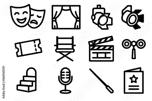 Set of 12 black theater and performing arts icons in flat vector style with white background, perfect for apps, cultural websites, and event projects.
