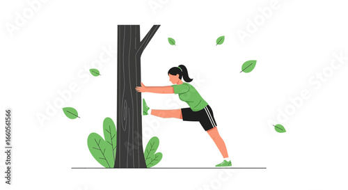 Athletic Woman Warming Up With Leg Stretches Against a Natural Tree