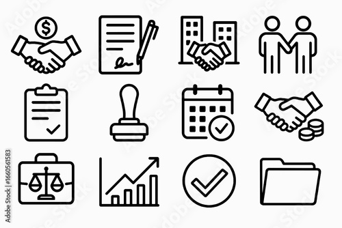 Set of 12 black closed deal and partnership icons in flat vector style with white background, ideal for apps, websites, and corporate tools.