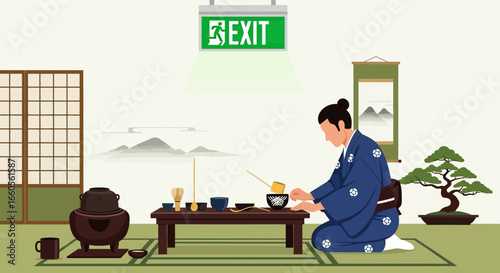 Authentic Japanese Tea Ceremony Setting With Exit Sign For Contrast Theme