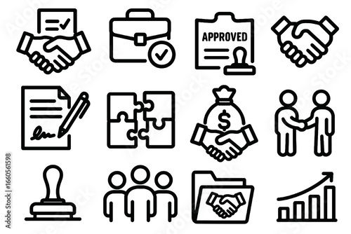 Set of 12 black partnership and agreement icons in flat vector style with white background, perfect for business apps, websites, and corporate design.