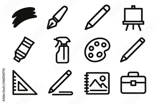 Wallpaper Mural Set of 12 black drawing and painting icons in flat vector style with white background, ideal for apps, websites, and creative design kits. Torontodigital.ca