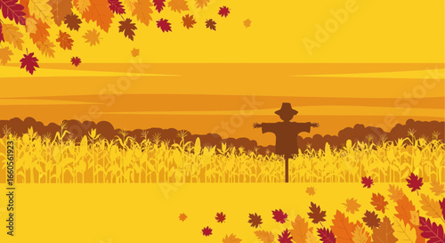 Autumnal Cornfield Landscape With Silhouette Scarecrow And Fall Foliage Elements