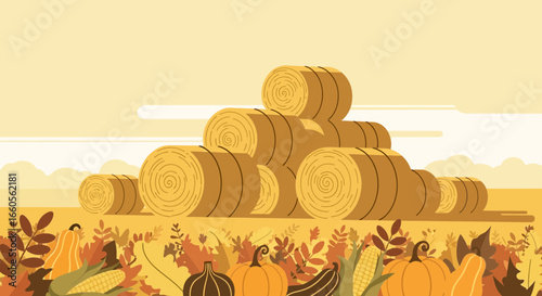 Autumnal Harvest Scene With Hay Bales Pumpkins And Corn Illustrations