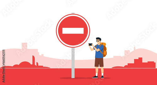 Backpacker Captures a No Entry Sign with Mobile Phone During City Trip