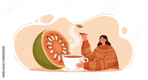 Bael Fruit Refreshment Illustration with Woman Sweater and Cup of Drink