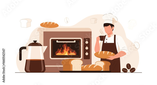 Baker Enjoying Coffee While Baking Fresh Bread At The Bakery Shop