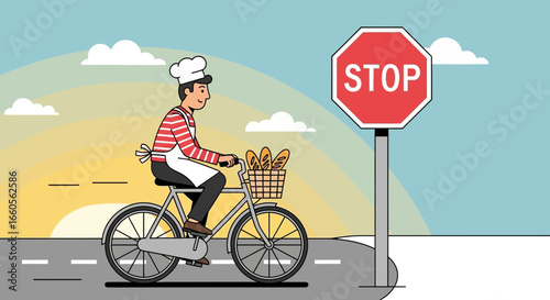 Baker On Bicycle Delivering Bread Near Stop Sign On A Sunny Morning