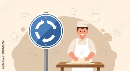 Baking Bread Next To Roundabout Street Sign Bakery Shop Concept Vector