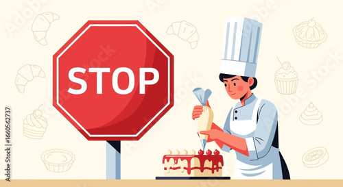 Baking Interrupted Stop Sign Preventing Cake Decorating Unhealthy Food Control