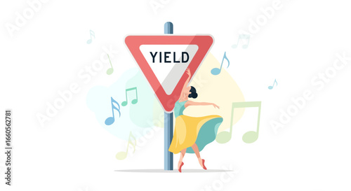 Ballet Dancer Gracefully Leans Against Yield Sign Surrounded By Music Notes