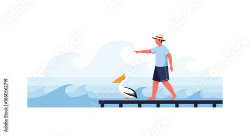 Barefoot Traveler Points While Strolling with Pelican on Pier by Ocean