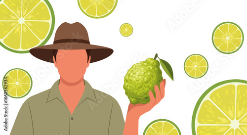 Bergamot Citrus Harvest: Farmer Holding Fresh Fruit With Sliced Lime Background