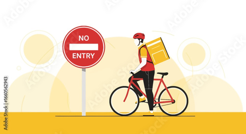 Bicycle Delivery Courier Disregarding Sign Symbolizing Restriction Rules and Regulations
