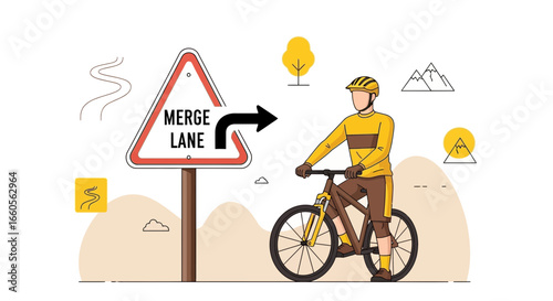 Bicycle rider near merge lane sign with mountain background illustration vector