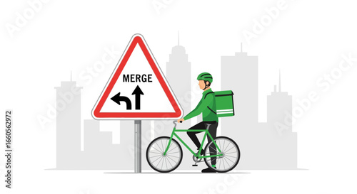 Bicycle Food Delivery In The City With Merge Sign Modern Transportation