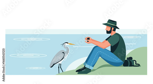 Birdwatching Scene Man Enjoying Nature with Heron and Camera Equipment