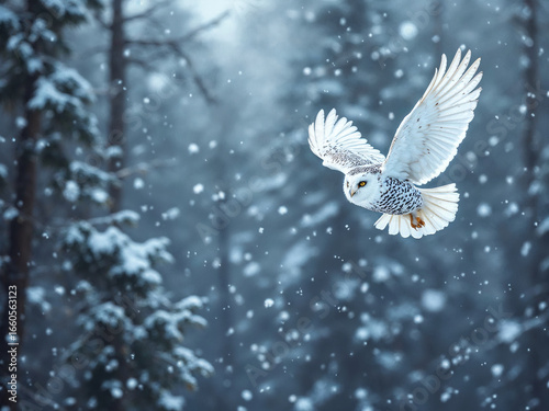 white owl flying over frozen forest